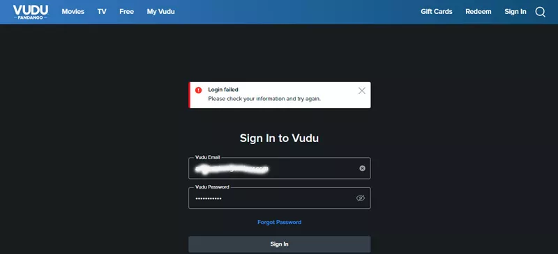 VUDU login error